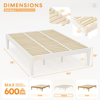 IOTXY Full Platform Bed Frame - Solid Wood 16-Inch Height Mattress Foundation Base with Densely Slats and Heavy-Duty Support Legs, No Box Spring Needed, White