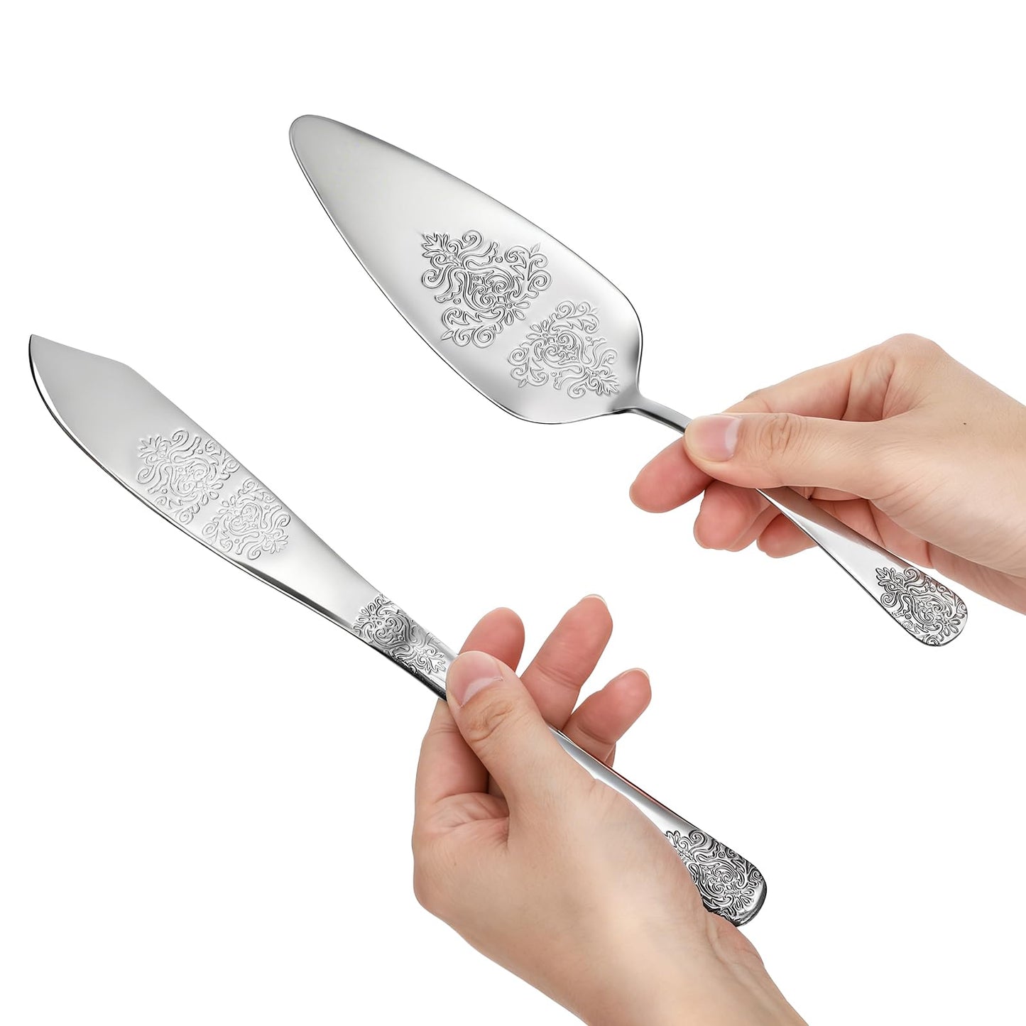DEAYOU 4 PCS Wedding Cake Knife and Server Set, Stainless Steel Cake Cutting Set with Forks, Engraved Cake Cutter Pie Spatula for Engagement, Anniversary, Birthday, Bride and Groom Gift, Silver
