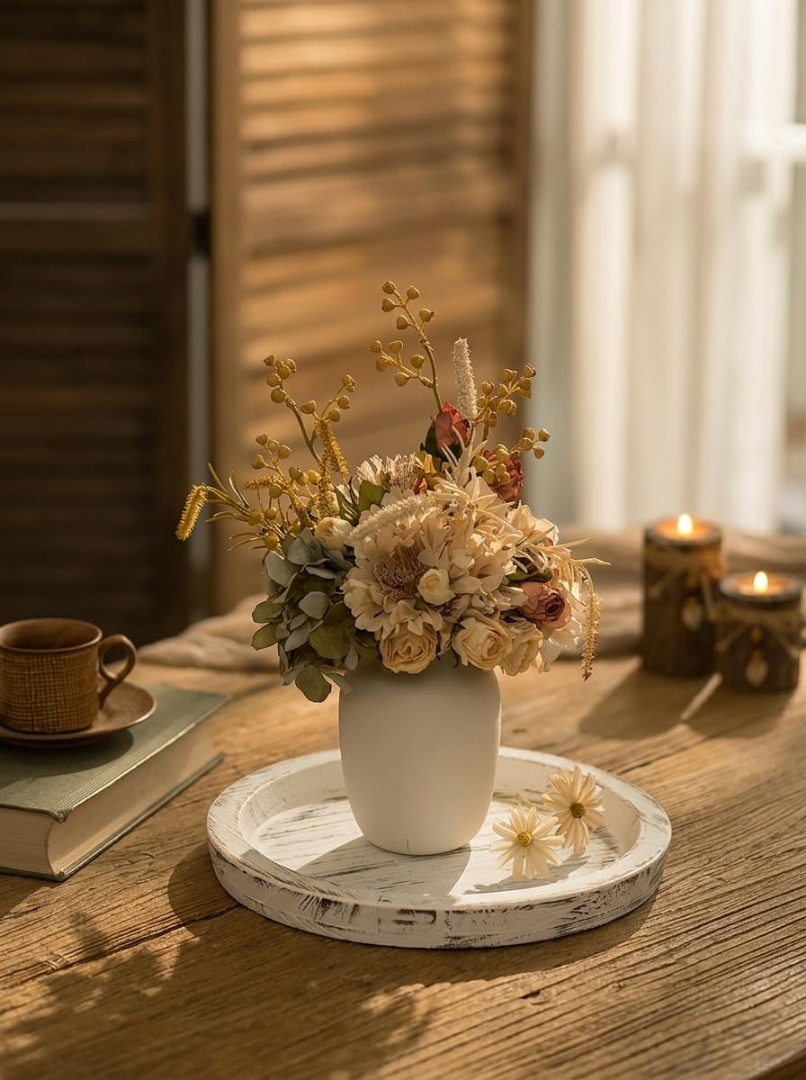 Hanobe Candle Plate Holder Tray: Round White Wood Decorative Tray Decor - Rustic Farmhouse CoffeeTable Decor - Tealight Pillar Trays for Home Decor