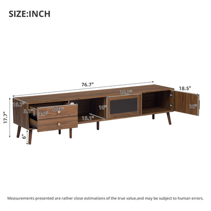 Merax Modern 76 Inch TV Stand for 85 Inch TV, Wood Grain Media Console with Glass Doors, Storage Cabinets & Drawers, Entertainment Center for Living Room Bedroom