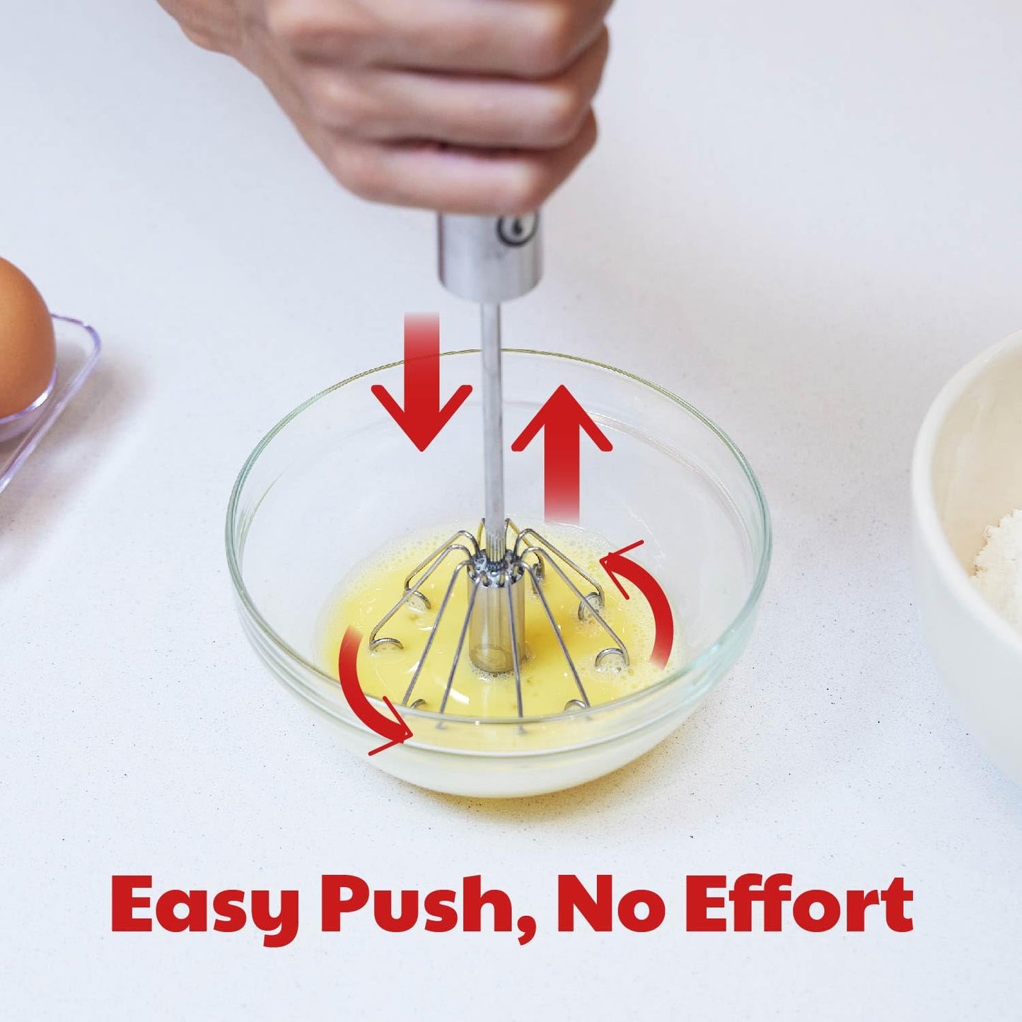 Stainless Steel Egg Beater - Easy to Use Semi-automatic Push-Down Zip Whisker - Rotary Hand Mixer for Beating Eggs, Frothing Milk, Blending, Mixing - Hand Whisk - 2 Pack (12 &14 Inch)