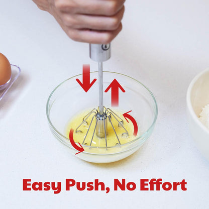 Stainless Steel Egg Beater - Easy to Use Semi-automatic Push-Down Zip Whisker - Rotary Hand Mixer for Beating Eggs, Frothing Milk, Blending, Mixing - Hand Whisk - 2 Pack (12 &14 Inch)