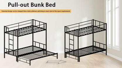 KavlSean Twin Over King Bunk Bed with Safety Guardrail, Metal Pull-Out Bunk Bed Frame with Built-in Ladder, No Box Spring Needed, Extendable Beds for Kids/Teen/Adults, Bedroom, Dorm