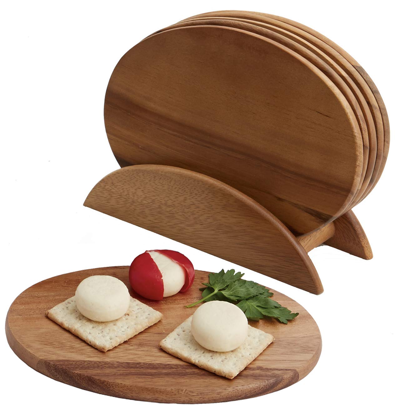 6 Acacia Wood Serving Boards with Stand, Perfect for Serving, Sushi, Cheese, Hors d'oeuvre, Charcuterie, Sandwiches by Woodard & Charles, 7 Piece Set, 9 1/2" x 6 1/2" ★★PACK OF 10★★