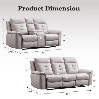 EBELLO 2 Pieces Faux Leather Power Recliner Sofa Set, Reclining Living Room Furniture Set, Included Loveseat and 3 Seat Electric Recliner Sofa, Modern Design for Living Room, Grey