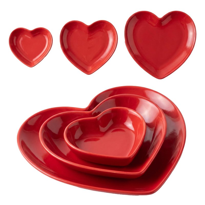 Suclain Valentines Day Red Heart Shaped Ceramic Plate Set of 3 Heart Dinner Dishes 3.15″ 4.92″ 7.09″ Platter for Dish Dessert Salad Bowl for Valentine‘S Day Party Supply Microwave Dishwasher Safe