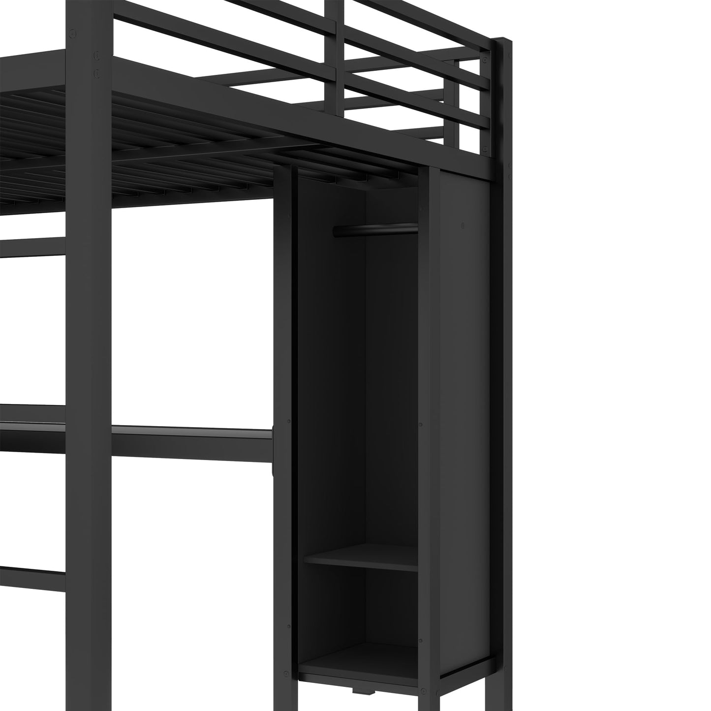 Queen Loft Bed with Wardrobe and Storage Cubes, Queen Size Loft Bed with Desk, Storage Shelf and Guardrail, Queen Size Loft Bed for Adults, Teens, Kids, Black