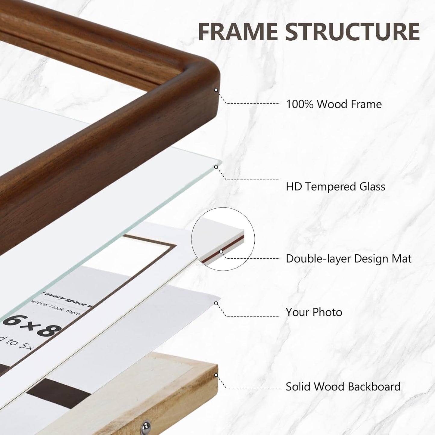SZKYSJGS 6x8 6 8 5x7, Wood Picture Frame, Solid Natural Walnut Rounded Corner Photo Frame with Tempered Glass, x Wooden