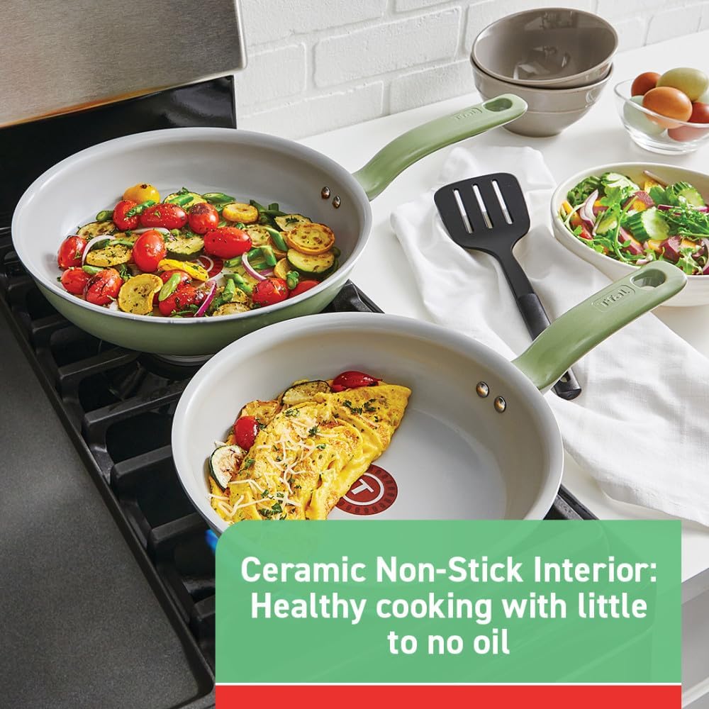 T-fal 2 Piece Recycled Ceramic Nonstick Cookware Set, Oven Safe 350F, Pots and Pans, Green