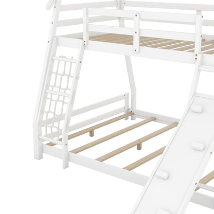 Bellemave Bunk Bed Twin Over Queen with Slides and Stairs, House Bunk Bed with Climbing Nets and Climbing Ramp for Kids, Teens, White
