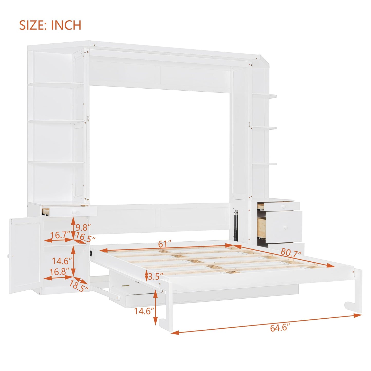 Merax Queen Murphy Bed with Desk and Storage, Hidden Wall Bed with Foldout Workstation, Shelves and Cabinets for Space-Saving Home Office, White