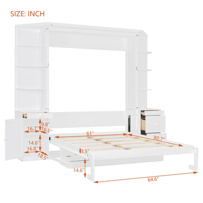 Merax Queen Murphy Bed with Desk and Storage, Hidden Wall Bed with Foldout Workstation, Shelves and Cabinets for Space-Saving Home Office, White