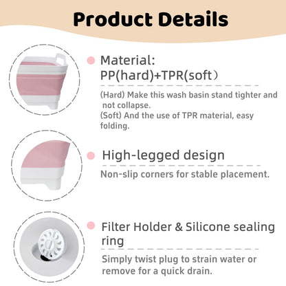 Collapsible Wash Basin for Baby Bottles - 2.4 Gallons Portable Wash Bin for RV Camping Sink, Space-Saving Dish Tub (Gray)