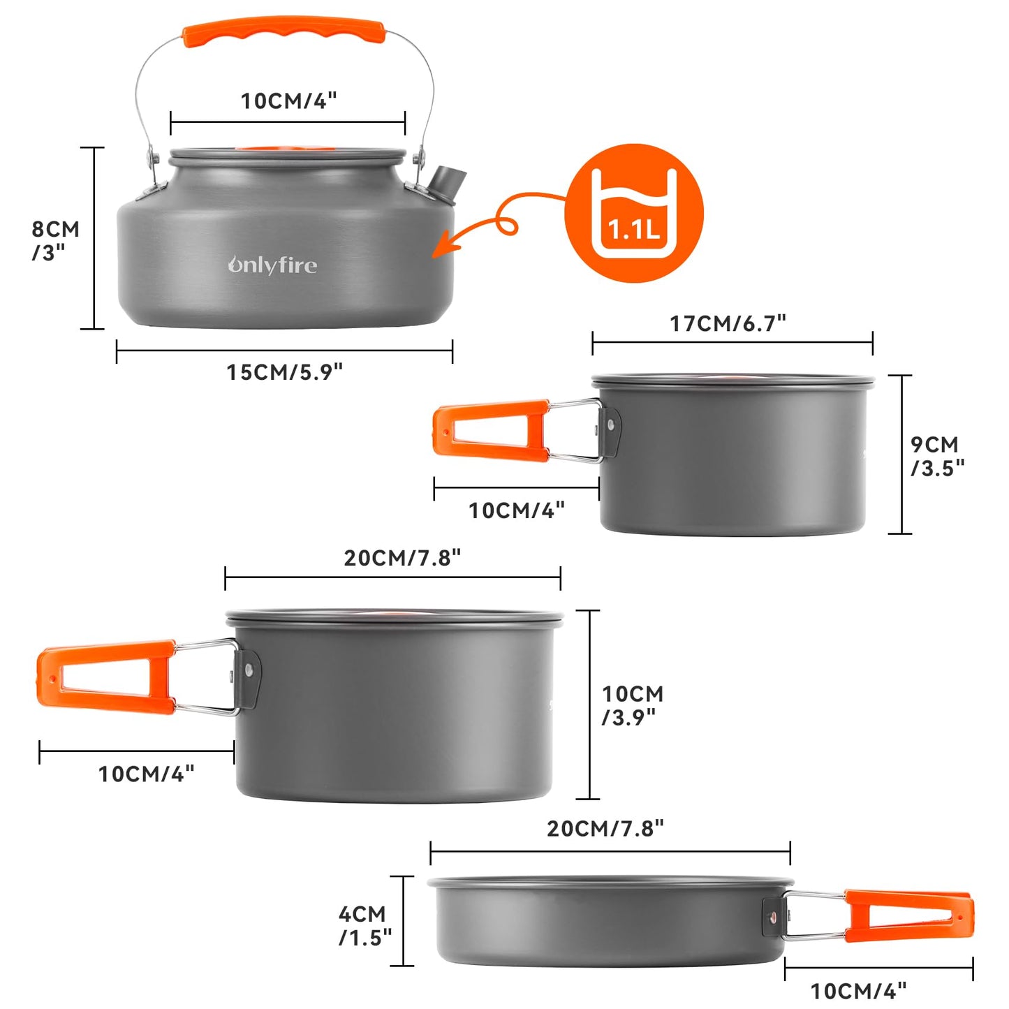 ONLYFIRE OUTDOOR LIVING14pcs Camping Cookware Set, Lightweight Nonstick Pots, Pan, Kettle, Utensils, Bowls, and Cleaning Tool with Mesh Bag for Camping Hiking Backpacking RV Tailgating Cooking, CT604