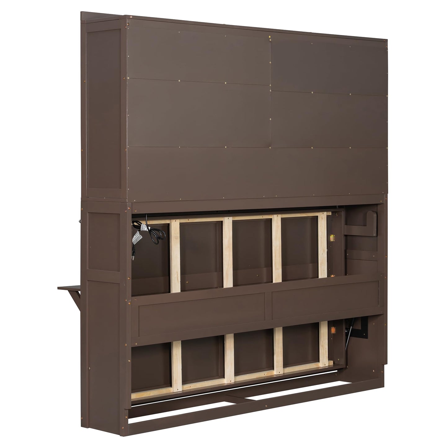 Merax Twin Murphy Bed Frame with Top Cabinet, Multi Storage Shelves & 4 Ratten Doors, 2-in-1 Bed Desk Space Saving Foldable Wall Bed with Light & USB Charging Ports, Espresso