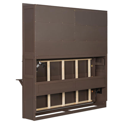 Merax Twin Murphy Bed Frame with Top Cabinet, Multi Storage Shelves & 4 Ratten Doors, 2-in-1 Bed Desk Space Saving Foldable Wall Bed with Light & USB Charging Ports, Espresso
