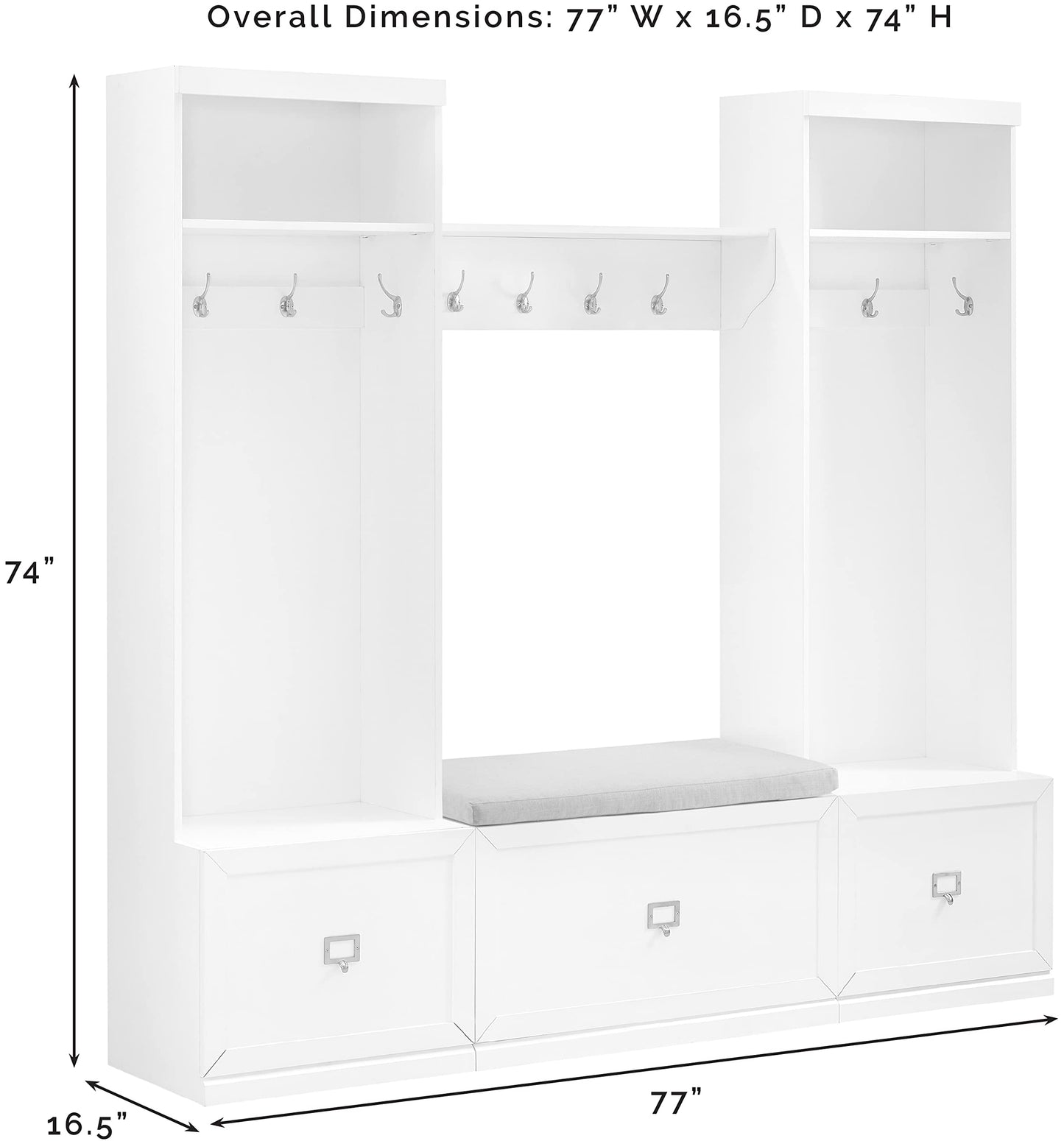 Crosley Furniture Harper 4-Piece Hall Tree, Storage Bench, and Wall Shelf Set with Coat Rack Hooks for Hanging, White