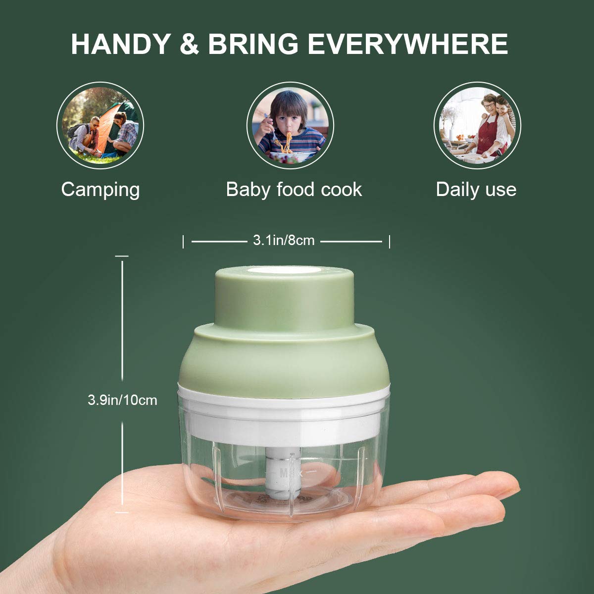 Electric Garlic Chopper Mini, Garlic Masher Crusher, Food Processor Small with Garlic Peeler And Spoon (100ML/3.3FL OZ, Green) 3.1 * 3.1 * 3.9 IN