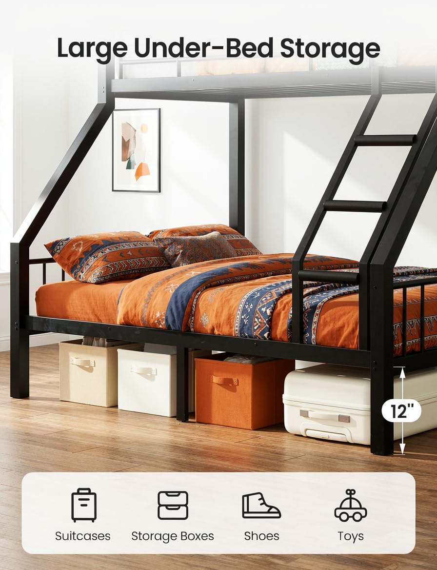 Mixcous Twin XL Over Queen Bunk Bed for Adults, Heavy Duty Metal Bunk Beds with Safety Guardrails & EVA Padded Ladder, Twin XL Over Queen Bunk Beds Frame with Noise-Free Slats, Space-Saving(Black)
