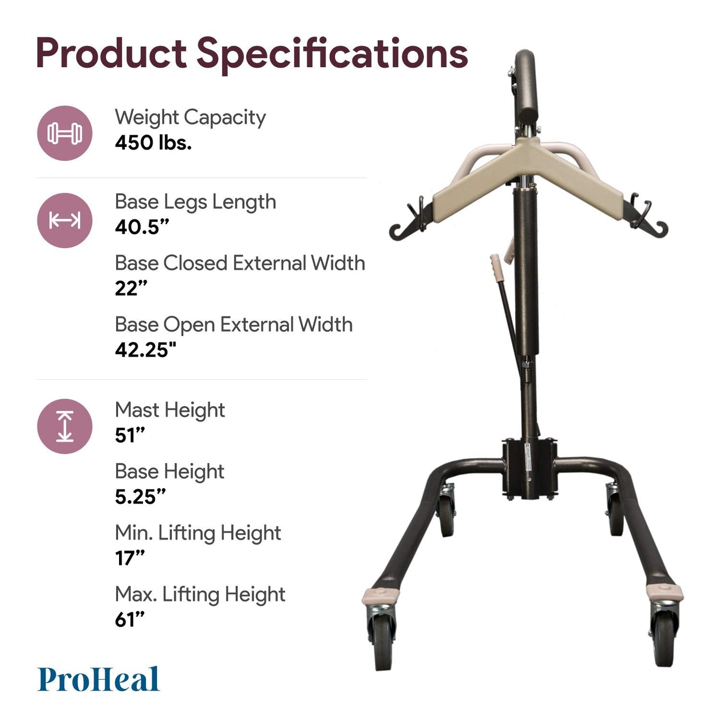 ProHeal Hydraulic Patient Lift - Manual Full Body Lifter for Handicapped, Senior and Immobile Patients - 6 Point Spreader, Chains Included, 450 lbs Capacity