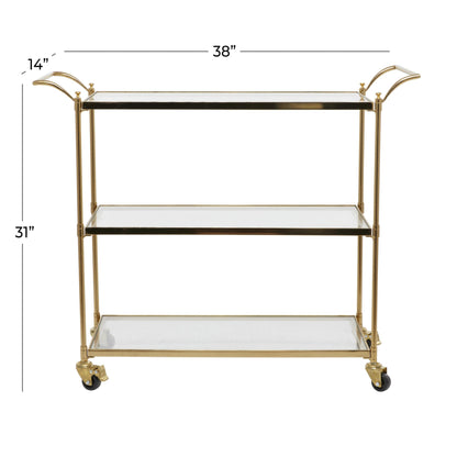 Deco 79 Metal Rolling 3 Glass Shelves Bar Cart with Lockable Wheels, 38" x 14" x 31", Brass