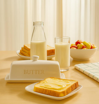 Butter Dish with Lid,WERTIOO Butter Dish With Lid for Countertop,7.6" x 3.3" Butter Tray,Butter Holder for 1 Stick.Textured Tray Butter Keeper for Non Slip Storage,Ceramic - White