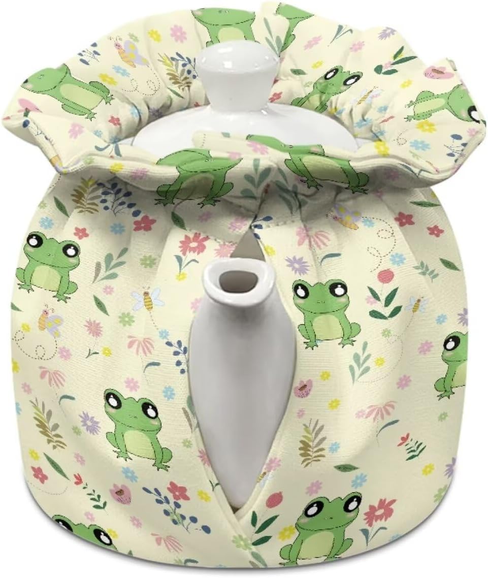 Cartoon Frog Tea Pot Cozies with Adjustable Drawstring, Dustproof Kettle Cover for Breakfast Pots, Machine Washable