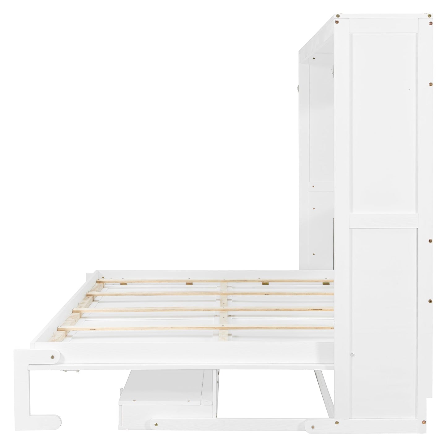 Merax Queen Size Murphy Bed with Vanity Desk, Foldable Murphy Cabinet Bed with Center Mirror and 2 Side Storage Drawers, Wood Space-Saving Hidden Wall Bed Cabinet for Guest Room Office, White