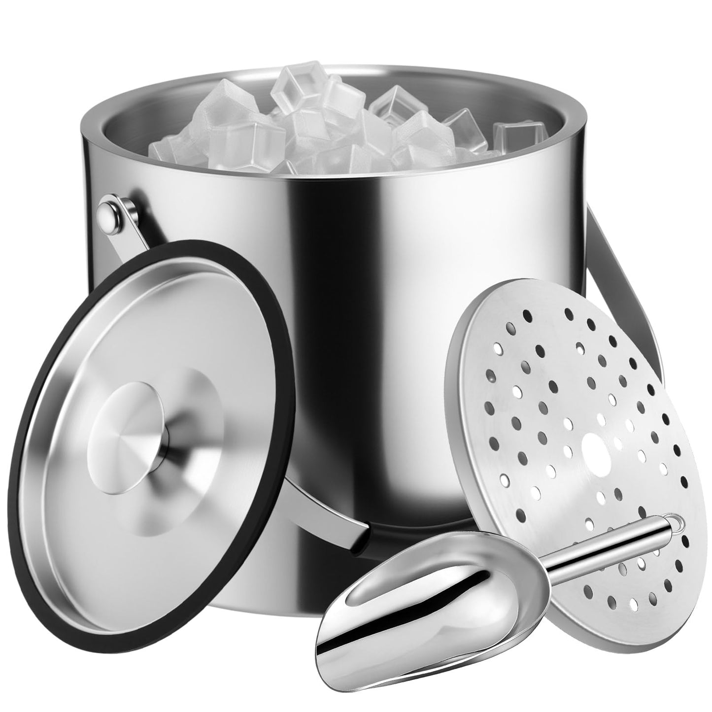 meekoo 4 L Double Wall Insulated Ice Bucket with Lid, Scoop, Strainer, Handle Large Stainless Steel Wine Ice Bucket Upgraded Cover Keep Frozen Longer for Cocktail Bar Parties(Silver)