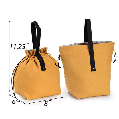 Yesland 2 Pack Reusable Lunch Bag, Canvas Insulated Lunch Handbag Tote Bag with Handle and Drawstring Closure Foldable and Lightweight Lunch Box for Work, Office, Picnic, Travel, Yellow, Green