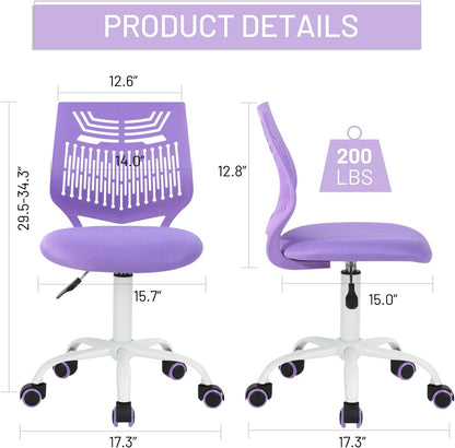 Kids Desk Chair, Armless Home Office Task Chair with Mesh Padded Cushion, Swivel Rolling Wheels for Children