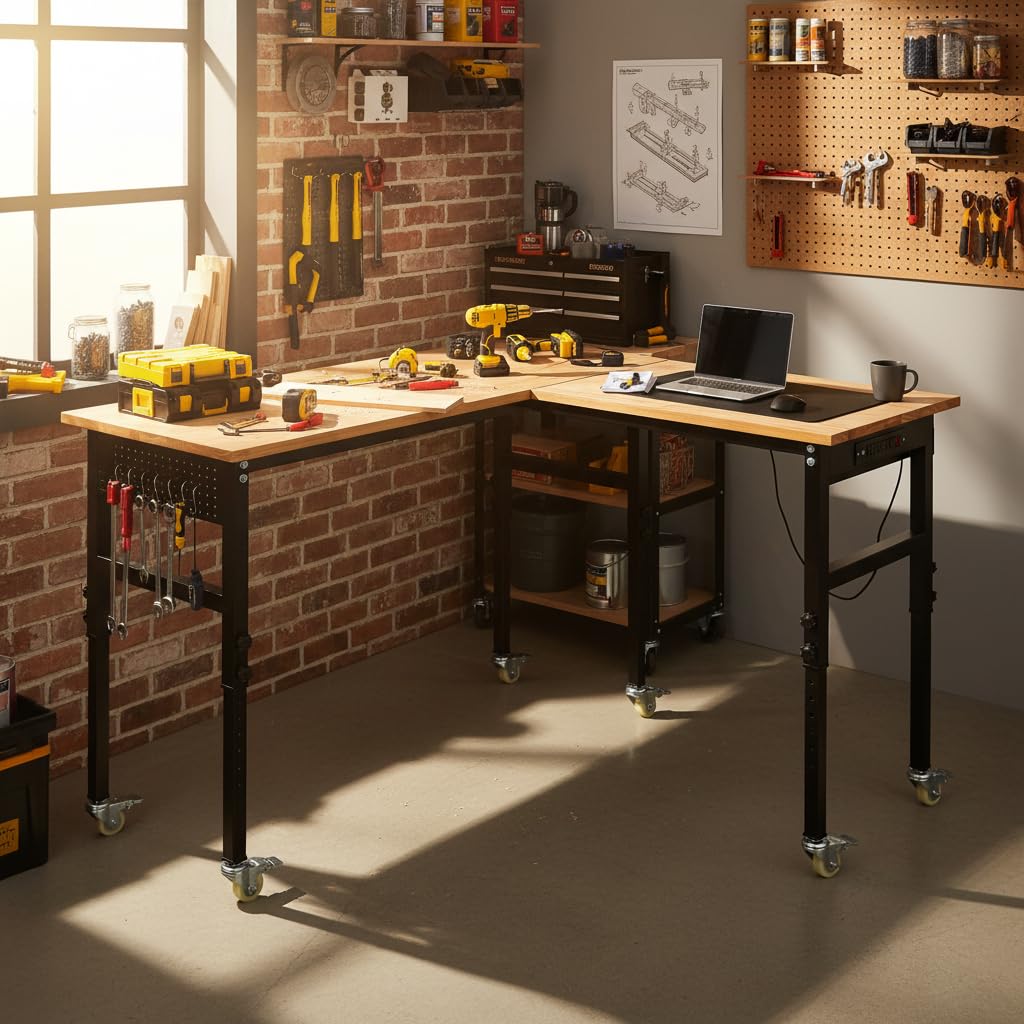L-Shaped Adjustable Workbench 48"+48" with Power Outlet & Wheels - 2000lbs Capacity Heavy Duty Garage Workshop Table with Pegboard & Rubber Wood Top for Home Office DIY Projects