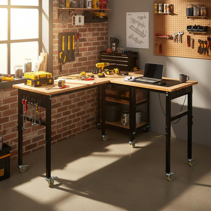 L-Shaped Adjustable Workbench 48"+48" with Power Outlet & Wheels - 2000lbs Capacity Heavy Duty Garage Workshop Table with Pegboard & Rubber Wood Top for Home Office DIY Projects