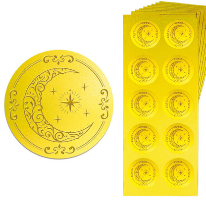 Peacoblue Gold Embossed Sticker Seal 1.4 Inch 150Pcs Moon and Star, Self Adhesive Golden Around Embossing Decals for Party Favors Invitation Envelope Seal Gift Card Certificate Decoration