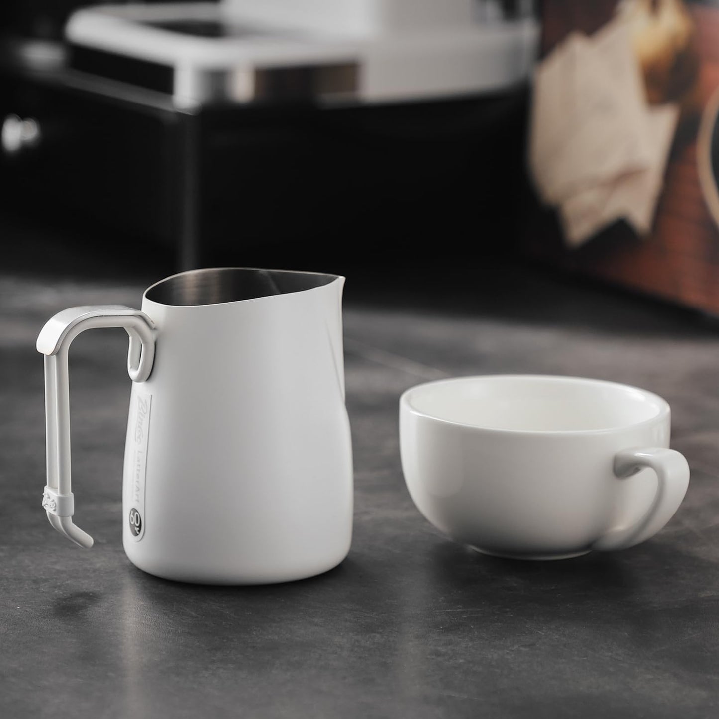 Bincoo Espresso Milk Frothing Pitcher Stainless Steel 20oz/600ML Coffee Milk Frother Cup-Milk Frothing Pitcher with Measurement Lines,Ergonomic Handle for Latte Art & Cappuccino(White)