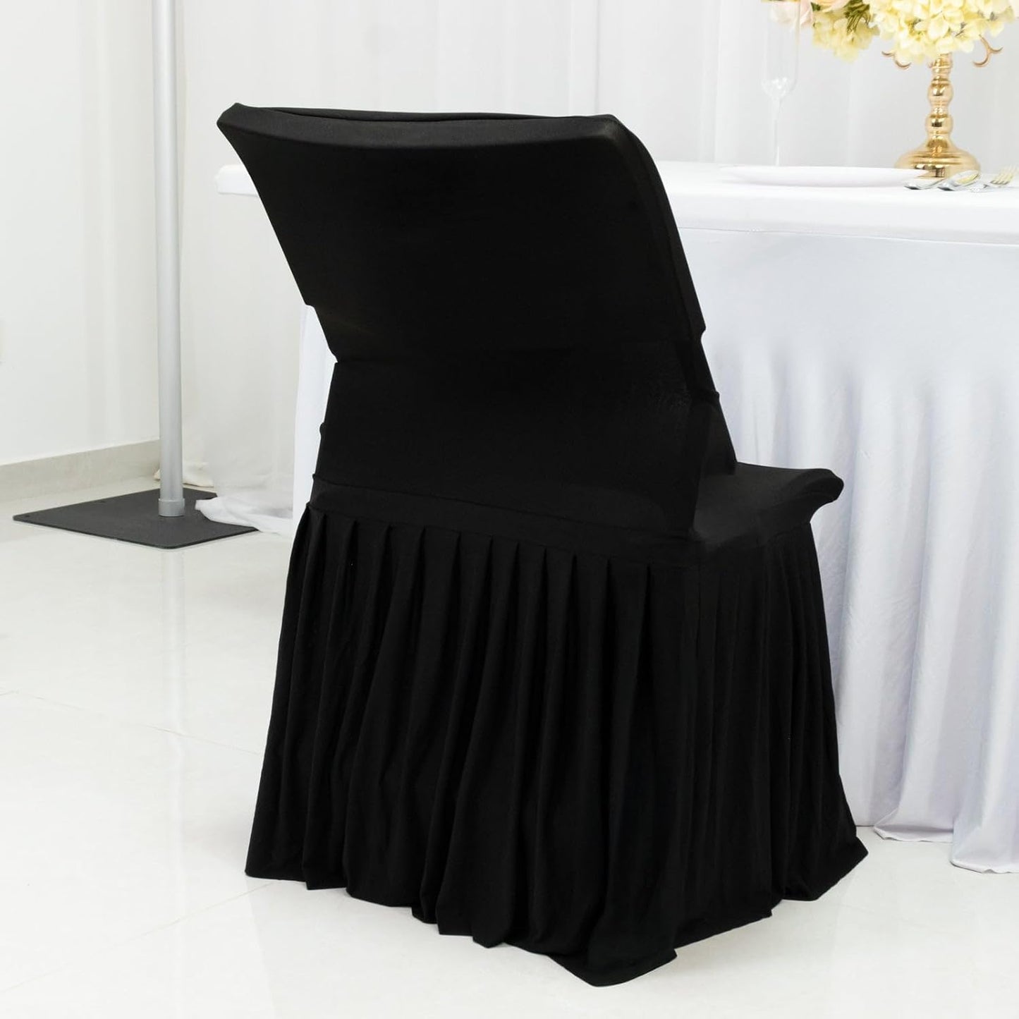 Efavormart Lifetime Folding Chair Cover Black Spandex Pleated Stretch Slipcover with Floor-Length Skirt, Also Fits