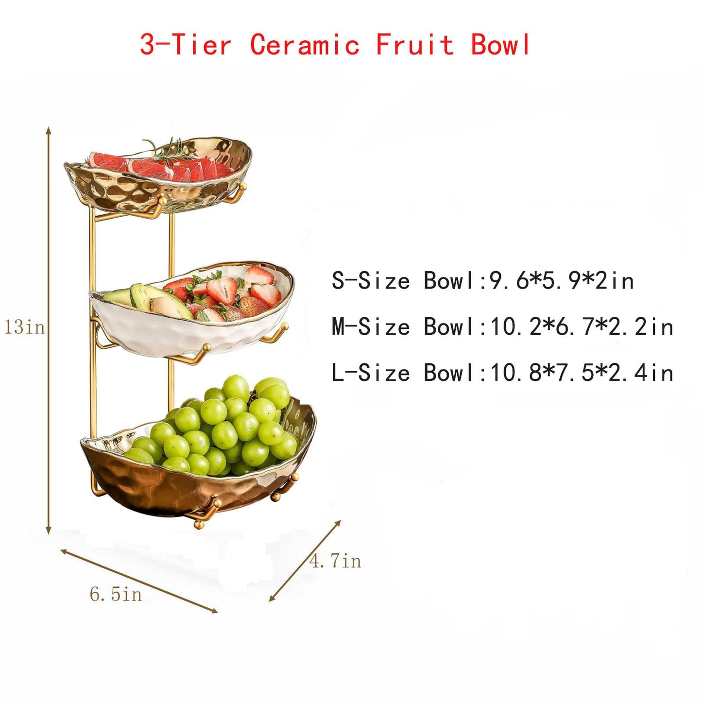 Afeyibu 3-Tier Fruit Bowls for Kitchen Counter,Ceramic Bowl with Gold Metal Stand,3 Tier Fruit Basket for Fruit,Snack,Cake,Nuts,Dessert Storage