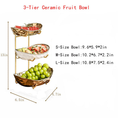 Afeyibu 3-Tier Fruit Bowls for Kitchen Counter,Ceramic Bowl with Gold Metal Stand,3 Tier Fruit Basket for Fruit,Snack,Cake,Nuts,Dessert Storage