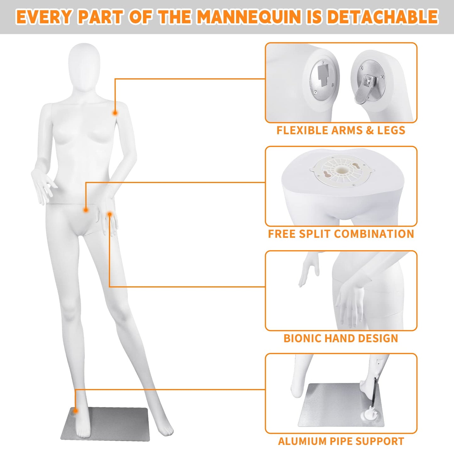 Kids Dress Form Child Mannequin Full Body Sewing Manikin 43.3 Inch Poseable Mannequins with Stand Realistic Mannequins Display Head Dress Mannequin Clothing Form Metal Base Connector, White (Female