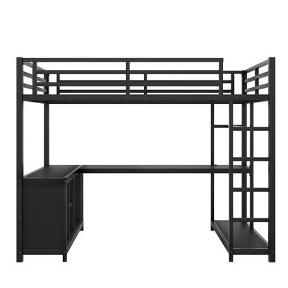 KEIKI Twin XL Metal Loft Bed with L-Shaped Desk and Wardrobe, Heavy Duty Loft Bed Frame with Storage Shelves & Cubes, Space Saving Loft Bed for Kids Teens Adults, Noise Free, Easy Assembly, Black