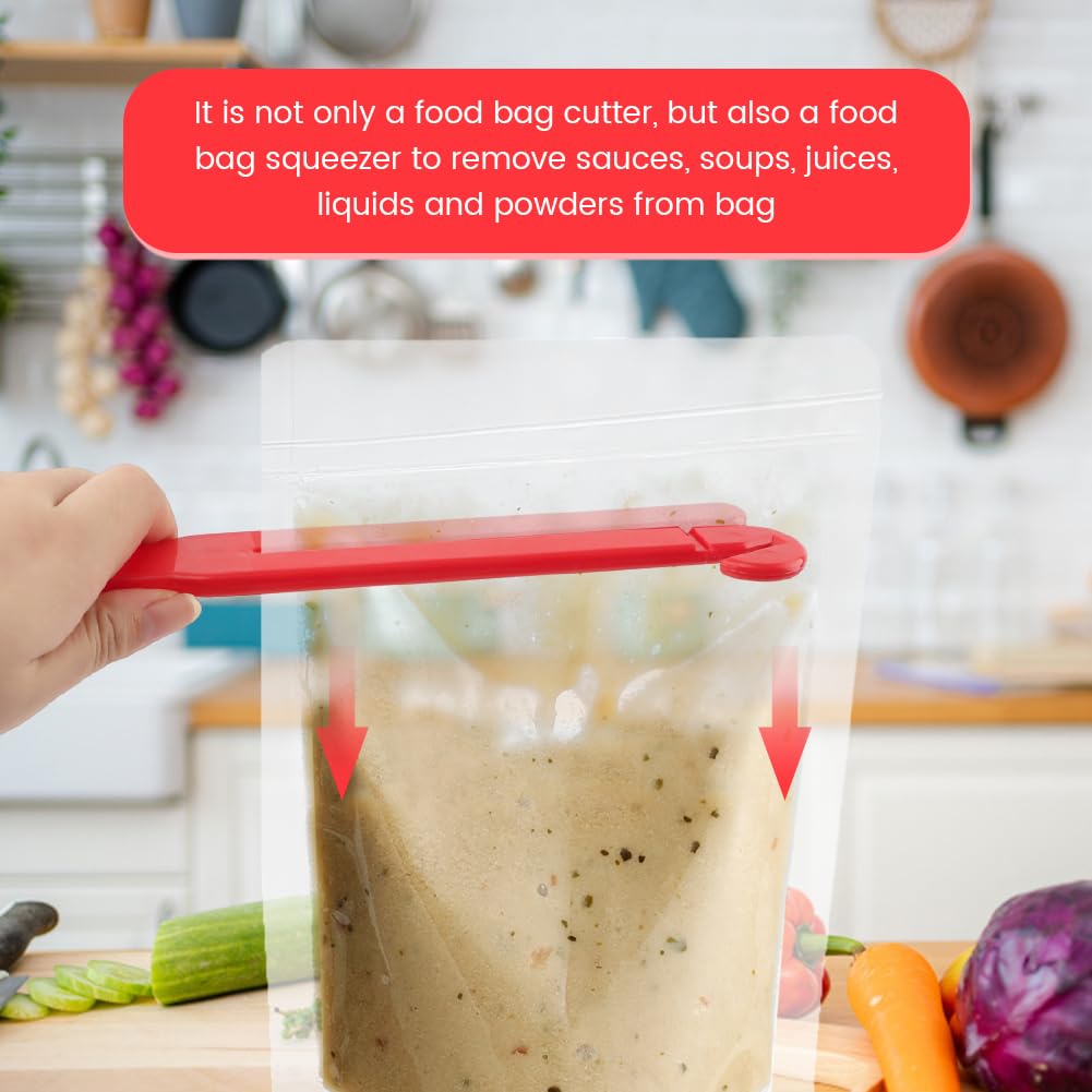 2pcs Food Bag Pouch Cutter Opener with Stainless Steel Blade and Squeezer for Home Kitchens, Includes Hang Chain and Suction Cup for Easy Storage(COLOR:Black+Red)