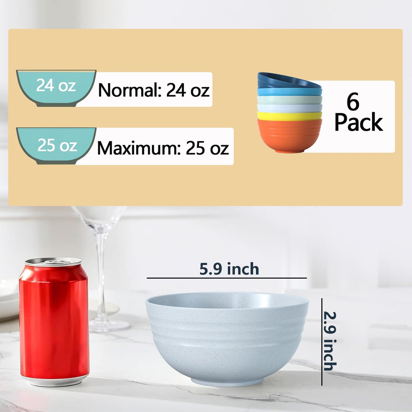 Homestockplus Unbreakable Cereal Bowls 25 OZ Microwave and Dishwasher Safe BPA-Free Bowl Dessert Bowls for Serving Soup, Oatmeal, Pasta and Salad [Set of 6]