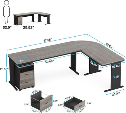 LITTLE TREE 82.67" Long Executive Desk with Drawers, Large L-Shaped Office Desk with Mobile File Cabinet, Farmhouse Computer Office Furniture Work Desk with Storage for Home Office, Gray