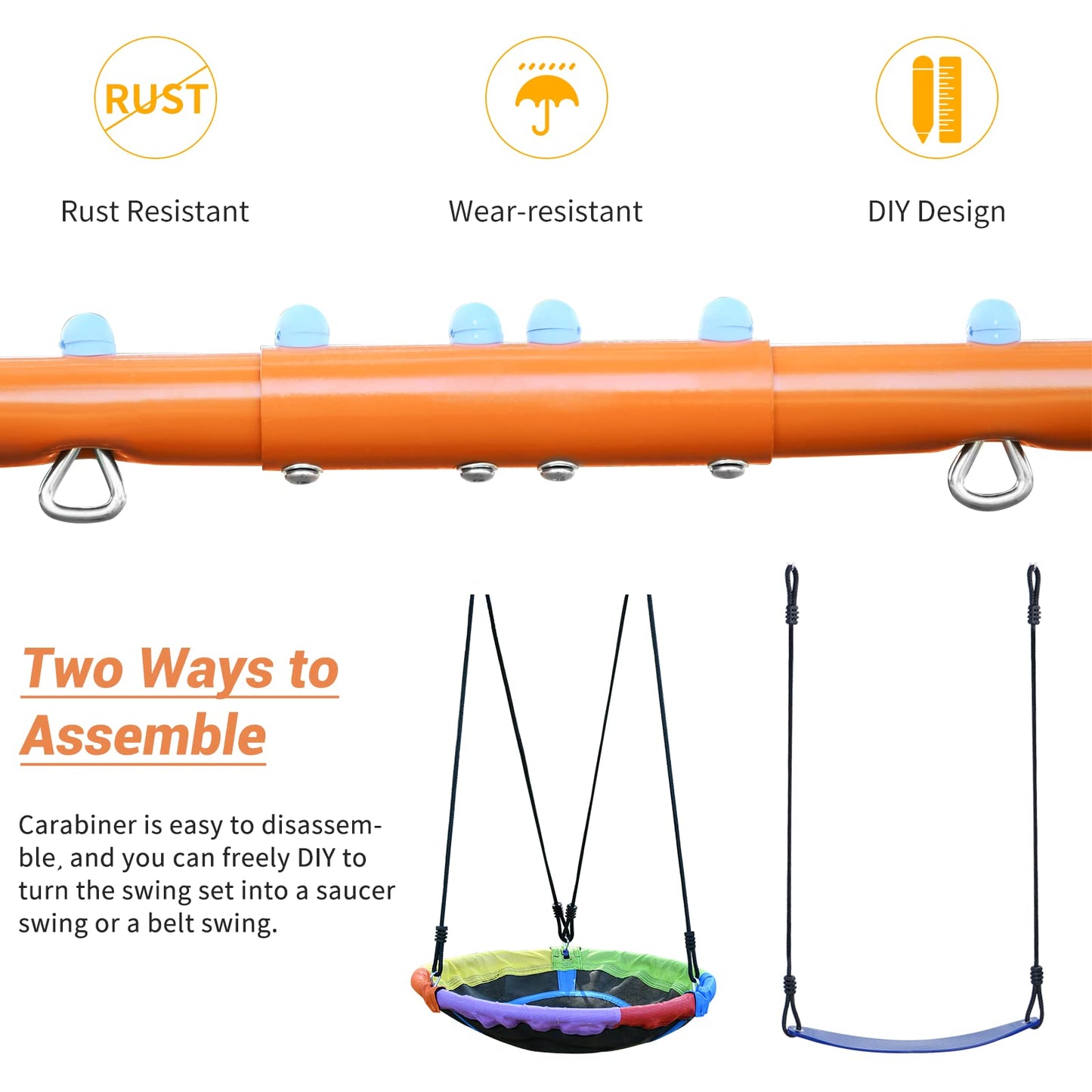 Lunafun Swing Sets for Backyard with Trampoline 440lbs with Heavy-Duty Metal A-Frame Outdoor Swing Set with 1 Saucer Swing Seat 1 Swings Seat & 1 Trampoline
