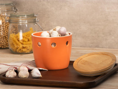 ONEMORE Large Garlic Keeper with Lid, Ceramic Garlic Saver 5 inch, Garlic Keeper for Counter, Orange