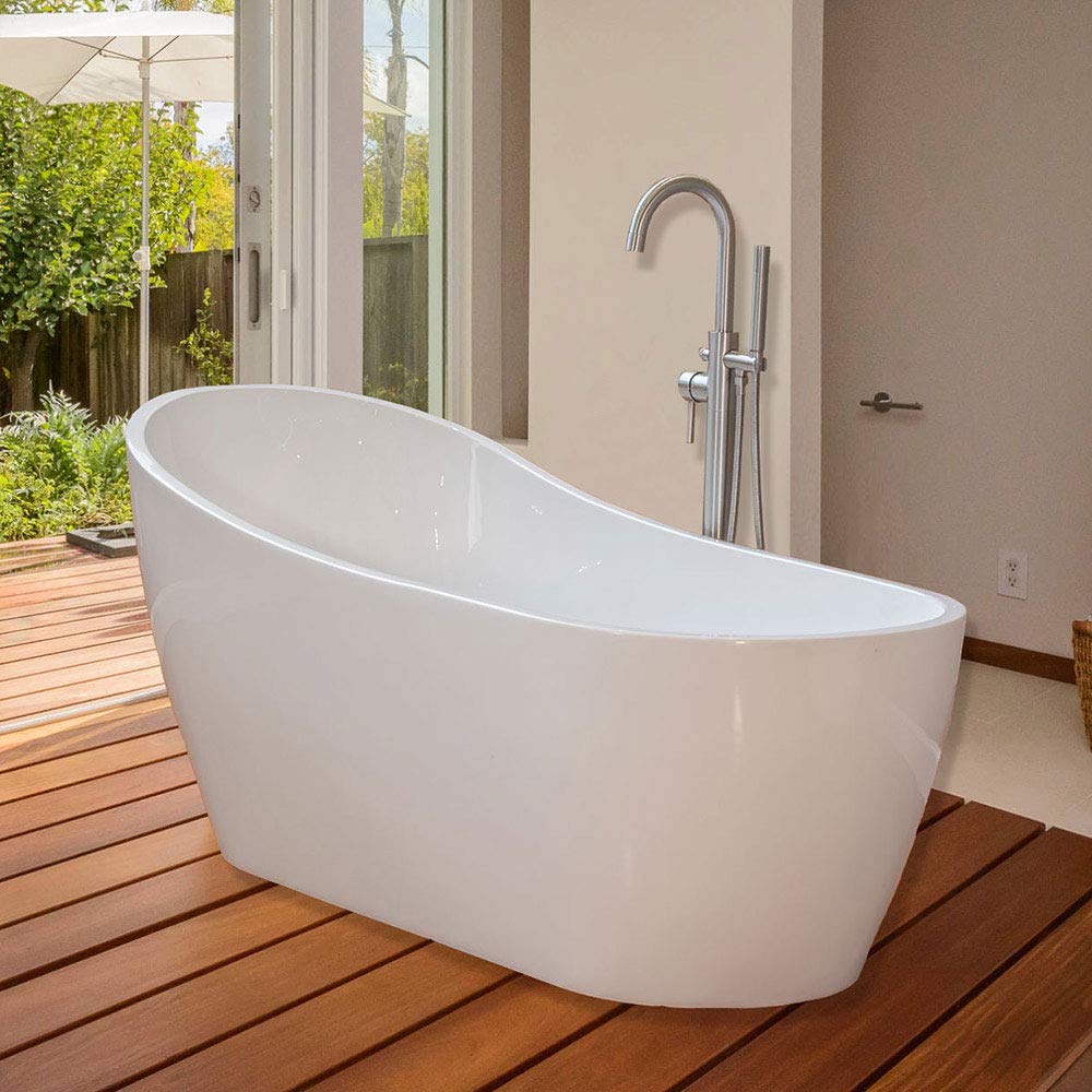 WOODBRIDGE 67" Acrylic Freestanding Bathtub Contemporary Soaking White Tub with Brushed Nickel Overflow and Drain，B-0001-BN