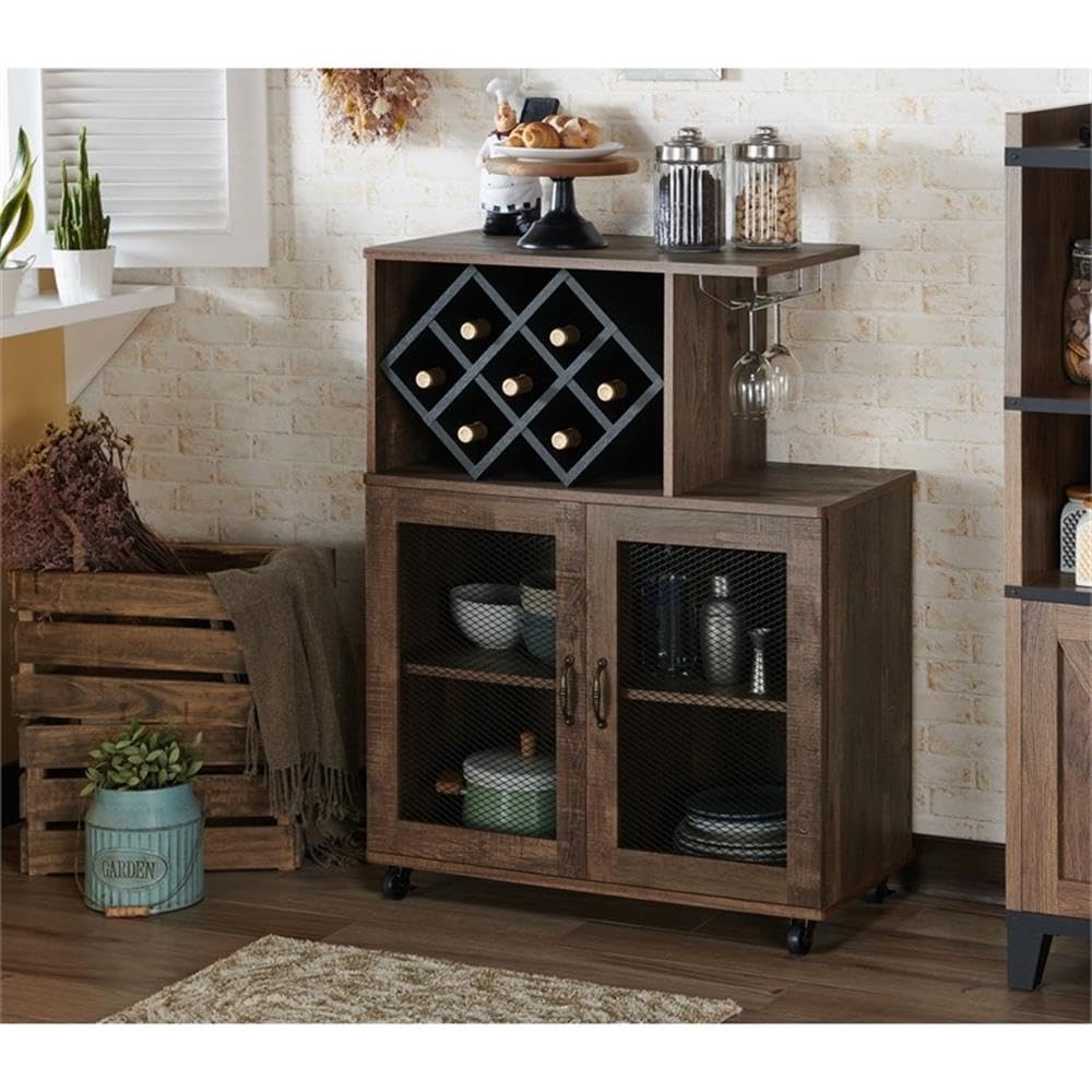 BOWERY HILL 4-Shelf Transitional Wood Mini Bar, Reclaimed Oak Finish, MDF and Particle Board, 15.7" W x 31.5" D x 41.3" H, Mobile Caster Wheels, Built-in Wine Bottle Slots, Glassware Rack, Adjustable