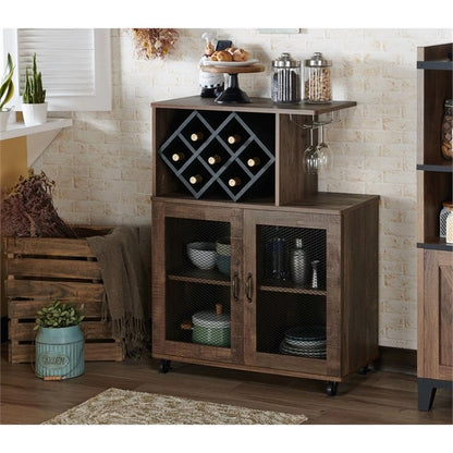 BOWERY HILL 4-Shelf Transitional Wood Mini Bar, Reclaimed Oak Finish, MDF and Particle Board, 15.7" W x 31.5" D x 41.3" H, Mobile Caster Wheels, Built-in Wine Bottle Slots, Glassware Rack, Adjustable