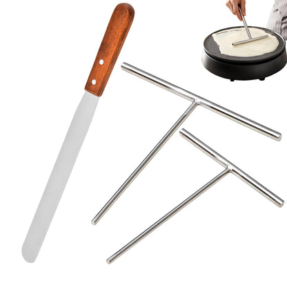 3 Pack Crepe Spreader and Spatula Kit, 12" Wooden Handle Spurtle Spatula, Stainless Steel Crepe Spreader, 7" & 5" T-Shaped Batter Spreaders, Crepes Turner Sticks, Pancake Tool Fit Any Crepe Maker Pan