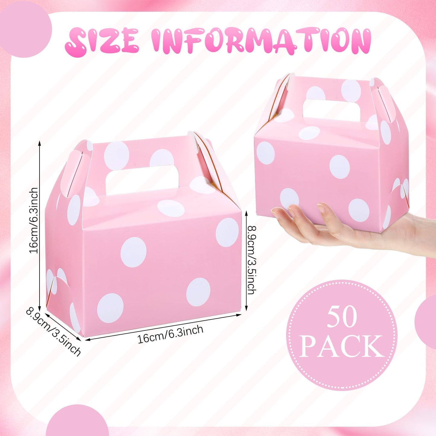 TecUnite 50 Pcs Pink Polka Dot Party Favors Boxes Large Treat Candy Gift Boxes with Handles 6.3 x 6.3 x 3.5 Inches for Birthday Halloween Christmas Party Supplies